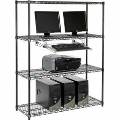 Nexel™ 4-Shelf Wire Computer LAN Workstation with Keyboard Tray, 48"W x 18"D x 63"H, Black