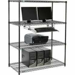 Nexel™ 4-Shelf Wire Computer LAN Workstation with Keyboard Tray, 48"W x 24"D x 63"H, Black