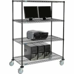 Nexel™ 4-Shelf Mobile Wire Computer LAN Workstation, 48"W x 24"D x 69"H, Black