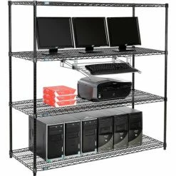 Nexel™ 4-Shelf Wire Computer LAN Workstation with Keyboard Tray, 60"W x 24"D x 63"H, Black