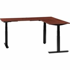Interion By Global Industrial Interion® L-Shaped Electric Height Adjustable Desk, 60"W x 24"D, Mahogany W/ Black Base