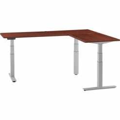 Interion By Global Industrial Interion® L-Shaped Electric Height Adjustable Desk, 60"W x 24"D, Mahogany W/ Gray Base