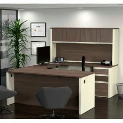 Bestar® U-Shaped Workstation - Double Pedestal - White Choc/Antigua - Prestige + Series