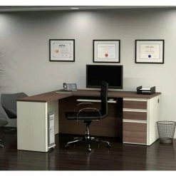 Bestar® L-Shaped Workstation with Pedestal - White Choc/Antigua - Prestige + Series