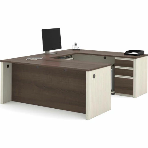 Bestar® U-Shaped Workstation with Pedestal - White Choc/Antigua - Prestige + Series 2 Bestar® U-Shaped Workstation with Pedestal - White Choc/Antigua - Prestige + Series - Image 2