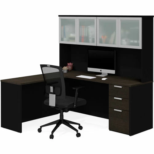 Bestar® L-Desk with Frosted Glass Door Hutch - Deep Gray and Black - Pro-Concept Plus Series 4 Bestar® L-Desk with Frosted Glass Door Hutch - Deep Gray and Black - Pro-Concept Plus Series - Image 4