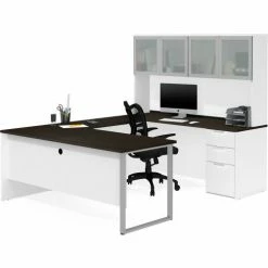 Bestar® U-Desk with Frosted Glass Door Hutch - White and Deep Gray - Pro-Concept Plus Series -Outlet Desks & Workstations Store BSA 110890 17