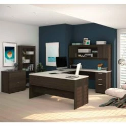 Bestar® U-Shaped Desk with Lateral File and Bookcase - Dark/White Chocolate - Ridgeley Series -Outlet Desks & Workstations Store BSA 52850 31