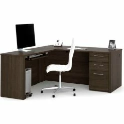 Bestar® L-Shaped Desk with Keyboard Shelf - 66" - Dark Chocolate - Embassy Series -Outlet Desks & Workstations Store BSA 60852 79