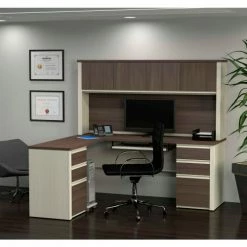 Bestar® L-Shaped Workstation - Double Pedestal - White Choc/Antigua - Prestige + Series -Outlet Desks & Workstations Store BSA 99852 52