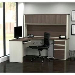 Bestar® L-Shaped Workstation - Pedestal and Hutch - White Choc/Antigua - Prestige + Series -Outlet Desks & Workstations Store BSA 99872 52