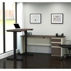 Bestar® L-Desk with Height Adjustable Table - White Choc/Antigua - Prestige + Series 7 Bestar® L-Desk with Height Adjustable Table - White Choc/Antigua - Prestige + Series -Outlet Desks & Workstations Store BSA 99885 52