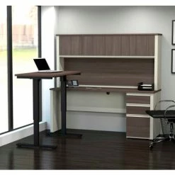 Bestar® L-Desk with Hutch and Adjustable Table - White Choc/Antigua - Prestige + Series -Outlet Desks & Workstations Store BSA 99886 52