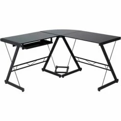 Comfort Products OneSpace 50-JN110505 Ultramodern Glass L-Shaped Computer Desk, Black -Outlet Desks & Workstations Store CMF 50 JN110505