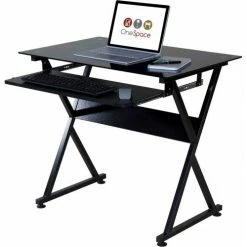 Comfort Products OneSpace 50-JN1205 Ultramodern Glass Computer Desk, with Pull-Out Keyboard Tray, Black -Outlet Desks & Workstations Store CMF 50 JN1205