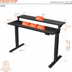 Flexispot Adjustable Height Standing Desk with Storage Shelves, 55"L x 28"W, Chipboard, Black Top -Outlet Desks & Workstations Store FF1B 5528B 05