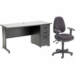 Interion By Global Industrial Interion® Office Desk and Fabric Chair Bundle with 3 Drawer Pedestal - 60"W x 24" - Gray