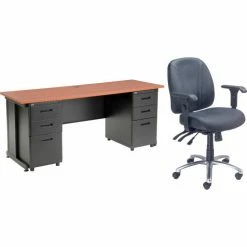 Interion By Global Industrial Interion® Office Desk and Leather Chair Bundle with 3 Drawer Pedestals - 72" x 24" - Cherry -Outlet Desks & Workstations Store GLL 670076CH chair