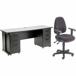 Interion By Global Industrial Interion® Office Desk and Fabric Chair Bundle with 3 Drawer Pedestals - 72" x 24" - Gray