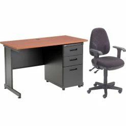Interion By Global Industrial Interion® Office Desk and Fabric Chair Bundle with 3 Drawer Pedestal - 48" x 24" - Cherry