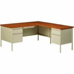 Hirsh Industries® Steel Desk - L Shape w/Right Return - 66" x 72" - Putty/Oak - HL10000 Series -Outlet Desks & Workstations Store HRI 20104 B1952802 LShapeDesk PuttyOak