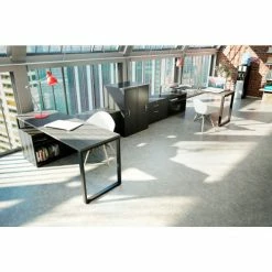 Interion By Global Industrial Interion® Open Plan Standing Height Desk - 72"W x 24"D x 40"H - Gray Top with Black Legs -Outlet Desks & Workstations Store HRI Shared Desk Gray Elm HQ 2