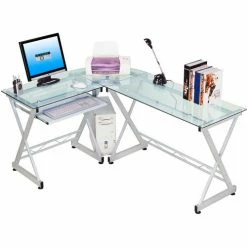 Techni Mobili L-Shaped Tempered Glass Top Computer Desk with Pull Out Keyboard Tray, Clear