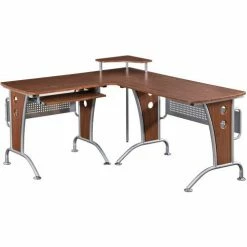 Techni Mobili Deluxe L-Shaped Computer Desk with Pull Out Keyboard Panel, Mahogany