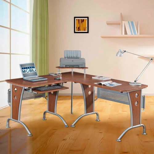 Techni Mobili Deluxe L-Shaped Computer Desk with Pull Out Keyboard Panel, Mahogany 7 Techni Mobili Deluxe L-Shaped Computer Desk with Pull Out Keyboard Panel, Mahogany - Image 7