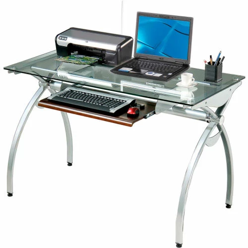 Techni Mobili Contempo Glass Top Computer Desk with Pull Out Keyboard Panel, Clear & Silver 2 Techni Mobili Contempo Glass Top Computer Desk with Pull Out Keyboard Panel, Clear & Silver - Image 2