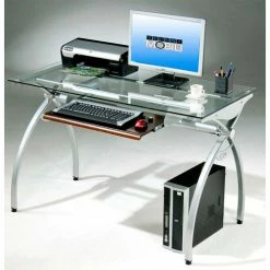 Techni Mobili Contempo Glass Top Computer Desk with Pull Out Keyboard Panel, Clear & Silver 5 Techni Mobili Contempo Glass Top Computer Desk with Pull Out Keyboard Panel, Clear & Silver -Outlet Desks & Workstations Store RTA 00397B GLS 2