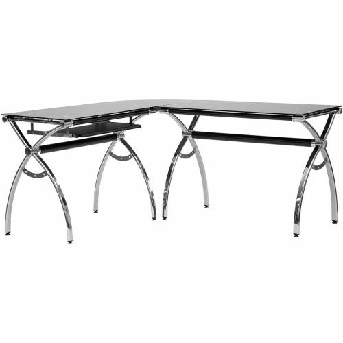 Techni Mobili L-Shaped Tempered Glass Top Computer Desk With Pull Out Keyboard Tray, Black 1 Techni Mobili L-Shaped Tempered Glass Top Computer Desk With Pull Out Keyboard Tray, Black