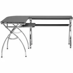 Techni Mobili L-Shaped Tempered Glass Top Computer Desk With Pull Out Keyboard Tray, Black 8 Techni Mobili L-Shaped Tempered Glass Top Computer Desk With Pull Out Keyboard Tray, Black -Outlet Desks & Workstations Store RTA 0039LC BK3 2