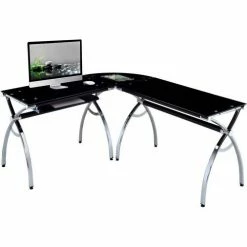 Techni Mobili L-Shaped Tempered Glass Top Computer Desk With Pull Out Keyboard Tray, Black 9 Techni Mobili L-Shaped Tempered Glass Top Computer Desk With Pull Out Keyboard Tray, Black -Outlet Desks & Workstations Store RTA 0039LC BK3 3