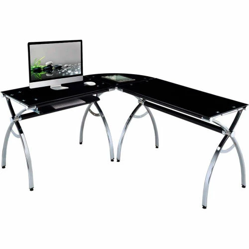 Techni Mobili L-Shaped Tempered Glass Top Computer Desk With Pull Out Keyboard Tray, Black 4 Techni Mobili L-Shaped Tempered Glass Top Computer Desk With Pull Out Keyboard Tray, Black - Image 4