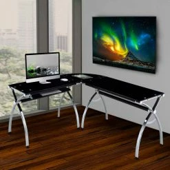 Techni Mobili L-Shaped Tempered Glass Top Computer Desk With Pull Out Keyboard Tray, Black 10 Techni Mobili L-Shaped Tempered Glass Top Computer Desk With Pull Out Keyboard Tray, Black -Outlet Desks & Workstations Store RTA 0039LC BK3 4