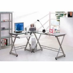 Techni Mobili L-Shaped Tempered Glass Top Computer Desk with Pull Out Keyboard Tray, Clear -Outlet Desks & Workstations Store RTA 3802 GLS 2