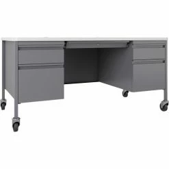 Lorell Fortress Steel Mobile Teachers Desk - 60" x 30" - White/Platinum