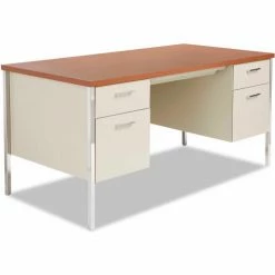 Alera Steel Desk - Double Pedestal - 60"W x 30"D x 29-1/2"H - Cherry/Putty