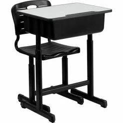 Flash Furniture Adjustable Height Student Desk with Chair - Gray Top / Black Pedestal Frame