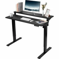 Flexispot Adjustable Height Standing Desk with Storage Shelves, 48"L x 24"W, Chipboard, Black Top