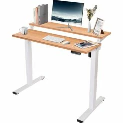Flexispot Adjustable Height Standing Desk with Storage Shelves, 48"L x 24"W, Chipboard, Oak Top