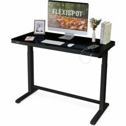 Flexispot All-in-One Height Adjustable Standing Desk, 48"L x 24"W, Glass, Black Top