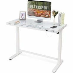 Flexispot All-in-One Height Adjustable Standing Desk, 48"L x 24"W, Glass, White Top